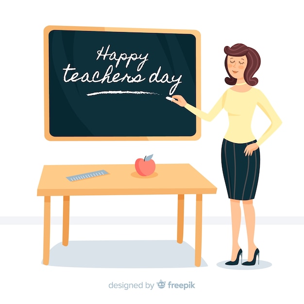 Bezpłatny wektor szczęśliwy światowego nauczyciela dnia tło z żeńskim nauczycielem i blackboard