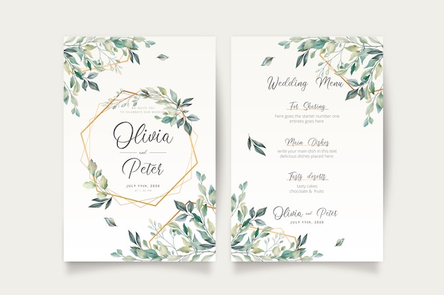 Bezpłatny wektor zaproszenie na ślub i szablon menu z pięknymi liśćmi