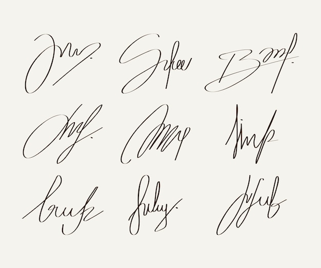 Zestaw elementów podpisów narysowanych ręcznie