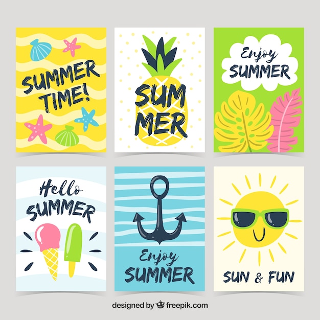 Bezpłatny wektor zestaw kart lato z elementami plaży