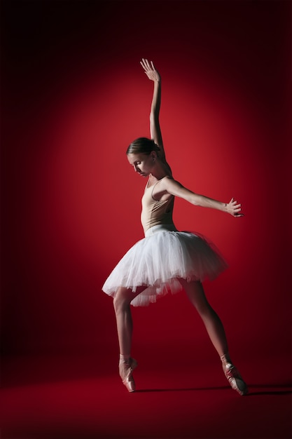 Młoda wdzięczna tancerka baletowa lub baleriny klasycznej tańca w czerwonym studio.