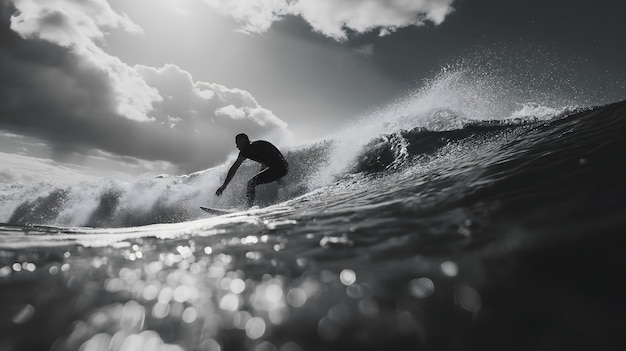 Bezpłatne zdjęcie monochromatyczny portret osoby surfującej pośród fal