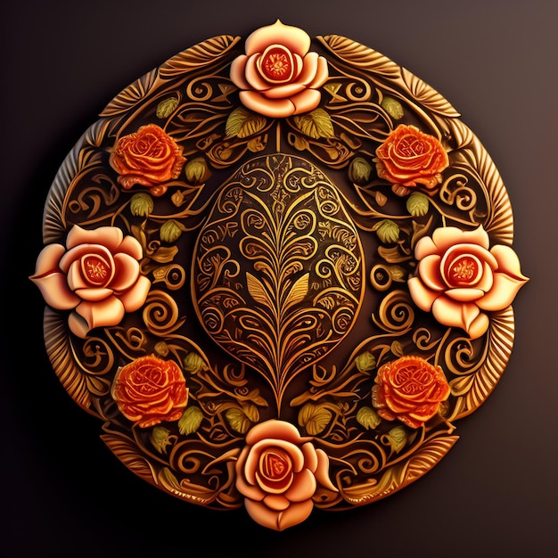Bezpłatne zdjęcie okrągły talerz z różami i złotą obwódką.