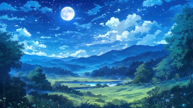 Bezpłatne zdjęcie anime krajobraz księżyca
