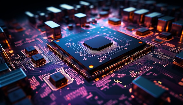 Bezpłatne zdjęcie chip komputerowy łączy komponenty elektryczne zasilające globalny przemysł komunikacyjny generowane przez sztuczną inteligencję