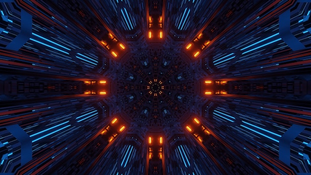 Bezpłatne zdjęcie futurystyczna symetria i refleksja abstrakcyjna przestrzeń z pomarańczowymi i niebieskimi neonami