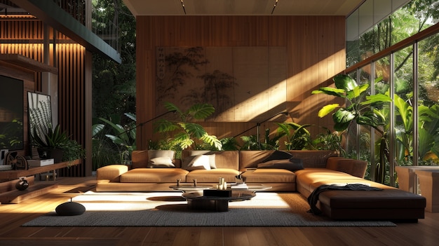 Bezpłatne zdjęcie fotorealistyczne wnętrze drewnianego domu z drewnianym dekoracją i meblami