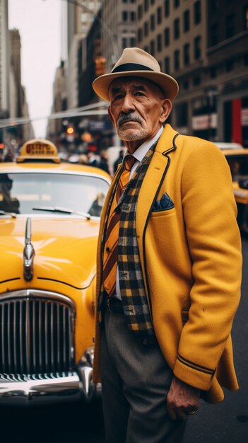 Portret osoby z żółtą taksówką w Nowym Jorku