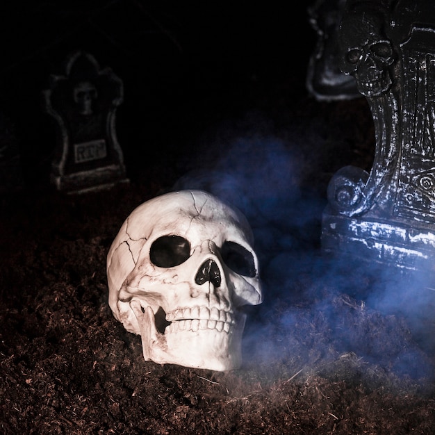 Bezpłatne zdjęcie przerażająca czaszka przy cmentarzem na halloweenowej nocy