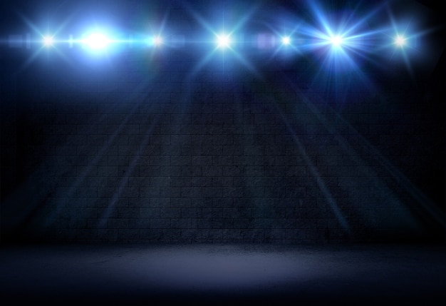 Bezpłatne zdjęcie render 3d wnętrza w stylu grunge ze świecącymi w dół reflektorami