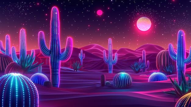 Bezpłatne zdjęcie 3d rendering żywych neonowych kaktusów na pustyni.