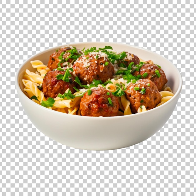 Bezpłatny plik PSD spaghetti z mięsnymi kulkami i sosem pomidorowym w misce, zdjęcie z bliska wyizolowane na przezroczystym tle