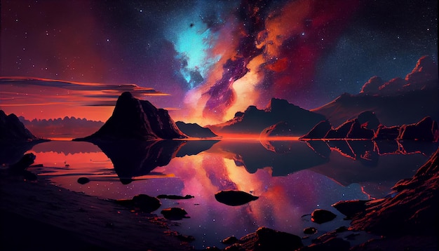 Foto grátis noite natureza paisagem galáxia montanha água estrela beleza generativa ai