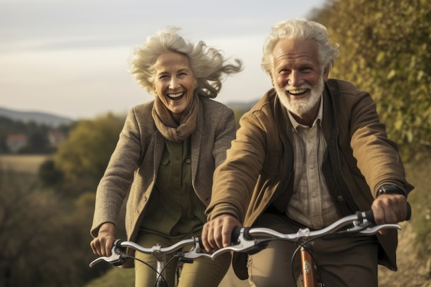 Casal de idosos andando de bicicleta juntos ao ar livre