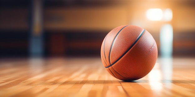 Foto grátis close-up de uma bola de basquete em um campo de madeira pronto para jogar