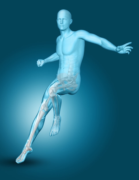 Foto grátis figura masculina masculina 3d que aterra em um pé