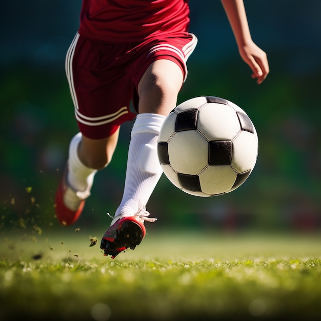 Foto grátis jogador de futebol masculino com bola no campo de grama