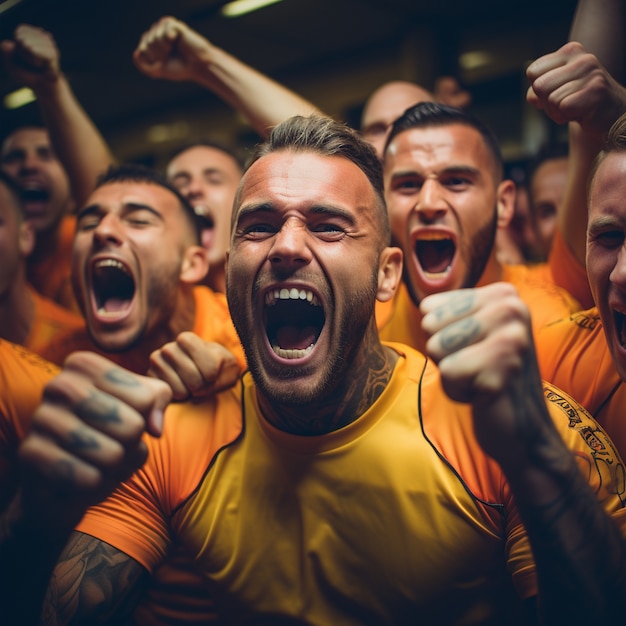 Foto grátis jogadores de futebol se aconchegando e comemorando a vitória juntos