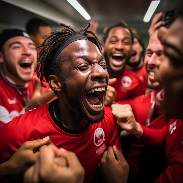 Foto grátis jogadores de futebol se aconchegando e comemorando a vitória juntos
