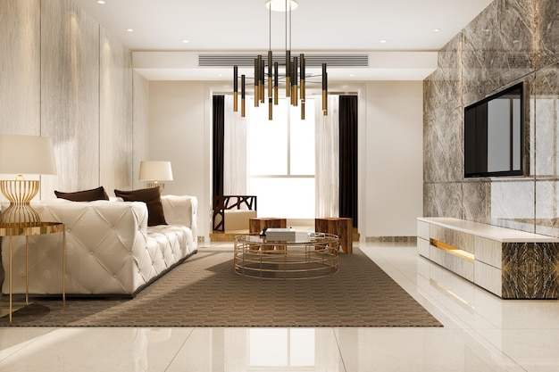 Foto grátis luxo de renderização 3d e moderna sala de estar com sofá de couro e lâmpada
