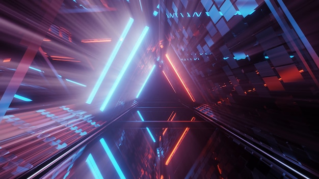 Renderização 3D de um fundo futurista com formas geométricas e luzes de néon coloridas
