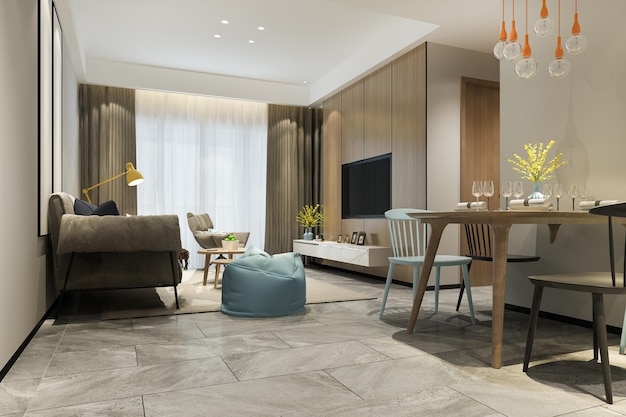 Foto grátis sala de estar de luxo loft de renderização 3d com prateleira perto da mesa de jantar