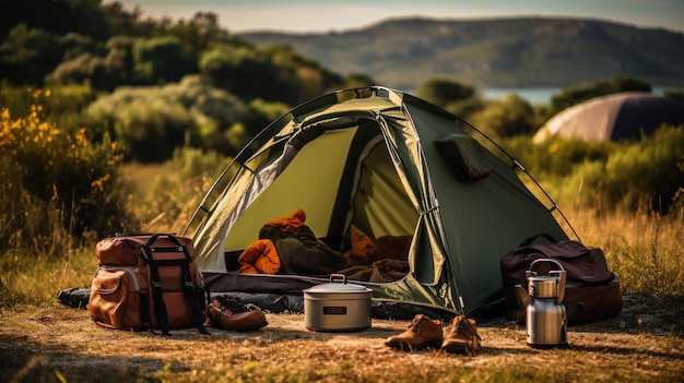 Foto grátis tenda com panelas no chão, materiais de acampamento, fundo.