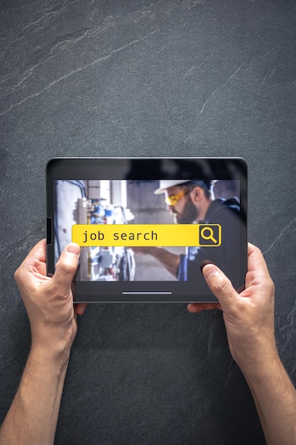Foto grátis visão superior do tablet digital com trabalho de pesquisa na tela em mãos masculinas