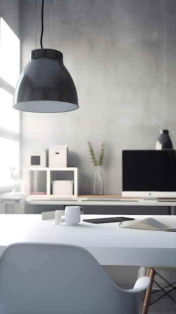 Kostenloses Foto modernes bürointerieur mit möbeln und computer 3d-rendering-mockup