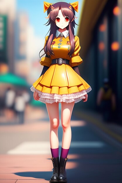 Anime-Mädchen auf der Straße mit einem gelben Kleid