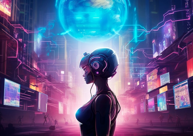 Kostenloses Foto cyberpunk-illustration mit neonfarben und futuristischer technologie
