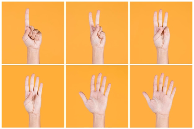 Kostenloses Foto collage von ein bis fünf fingern zählen zeichen über gelbem hintergrund