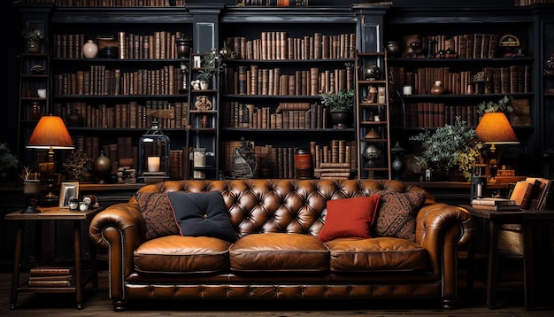Kostenloses Foto ein gemütliches wohnzimmer mit altmodischem bücherregal und einem von künstlicher intelligenz erzeugten bequemen sofa