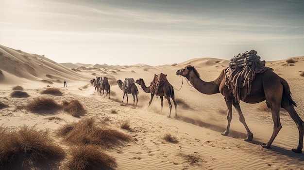 Kostenloses Foto eine einsame kamelkarawane durchquert eine trostlose wüstenlandschaft
