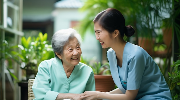 Kostenloses Foto eine realistische szene mit einem gesundheitsarbeiter, der sich um einen älteren patienten kümmert