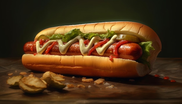 Kostenloses Foto gegrillter hot dog auf brötchen, garniert mit ketchup und zwiebeln, generiert durch künstliche intelligenz