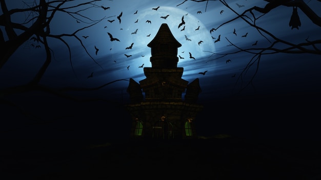 Kostenloses Foto hintergrund 3d halloween mit gespenstischem schloss