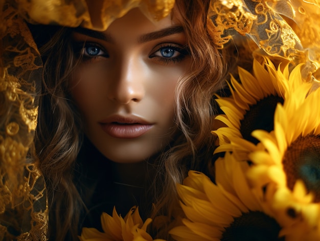 Kostenloses Foto schöne frau posiert mit sonnenblumen