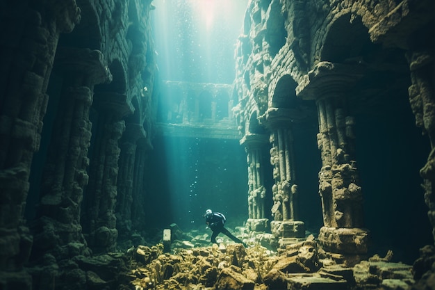 Kostenloses Foto taucher erkundet archäologische unterwasser-gebäuderuinen