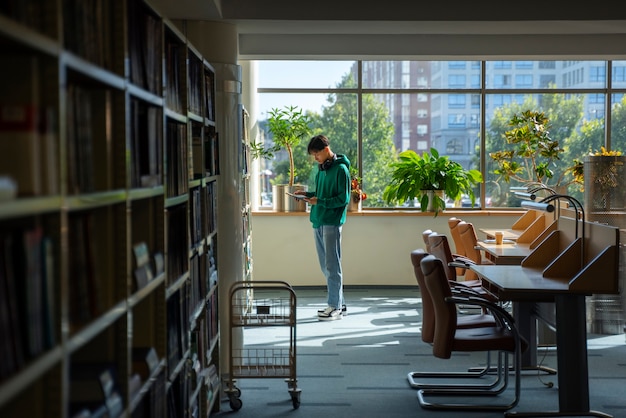 Kostenloses Foto vollständiger schuss student in der bibliothek