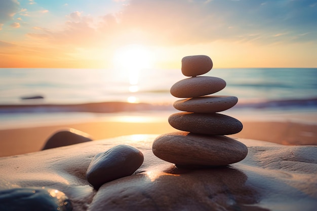 Kostenloses Foto zen-steine balanciert am strand mit kopie raum sunrise light meditation und entspannung ai generativ