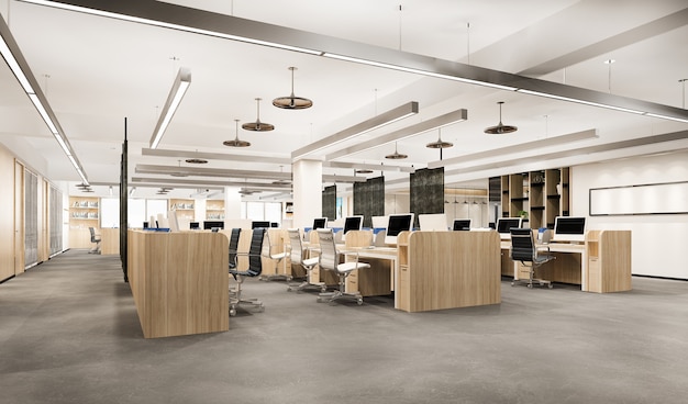 Kostenloses Foto 3d-rendering-geschäftstreffen und arbeitsraum im bürogebäude