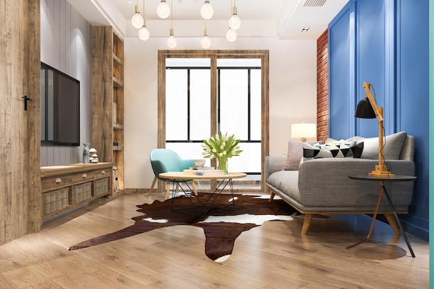 Kostenloses Foto 3d-rendering loft skandinavisches wohnzimmer mit arbeitstisch und bücherregal