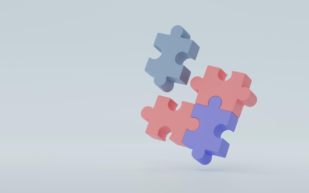 3D-Render 3D-Illustration Puzzleteile auf blauem Hintergrund Problemlösung Geschäftskonzept für die Zusammenarbeit und Partnerschaft