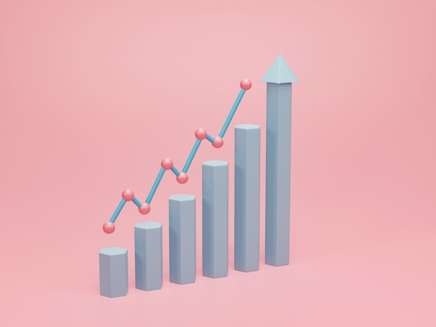 3D-Rendering 3D-Darstellung Geschäftsdiagramm Aufsteigender Graph für Wachstum nach vorne Konzept der Statistik der Histogramme von Wirtschaftsdiagrammen