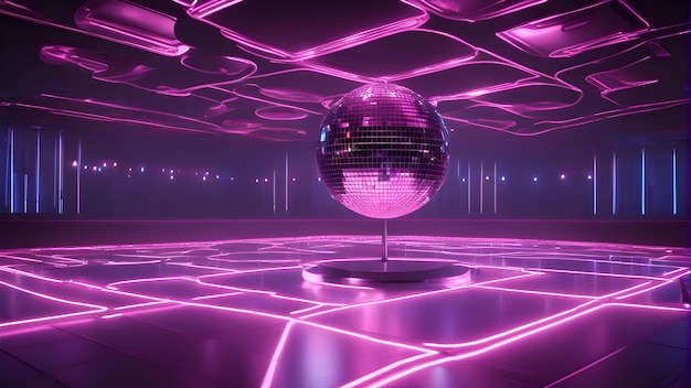 Foto 3d-rendering eines futuristischen hintergrunds mit einem disko-kugel und neonlichtern