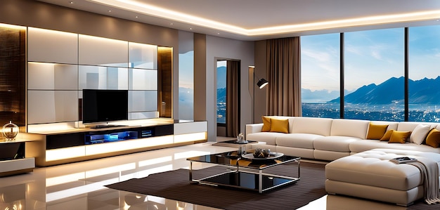 Foto 3d renderização moderna de design de interiores de sala de estar com móveis elegantes