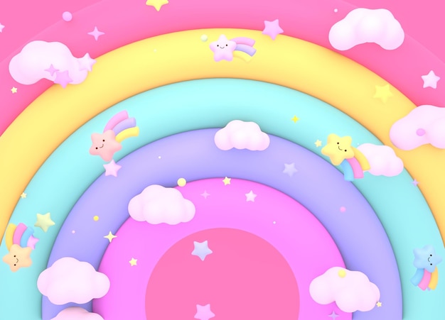 Foto 3d renderizado kawaii arco iris estrellas y nubes cielo