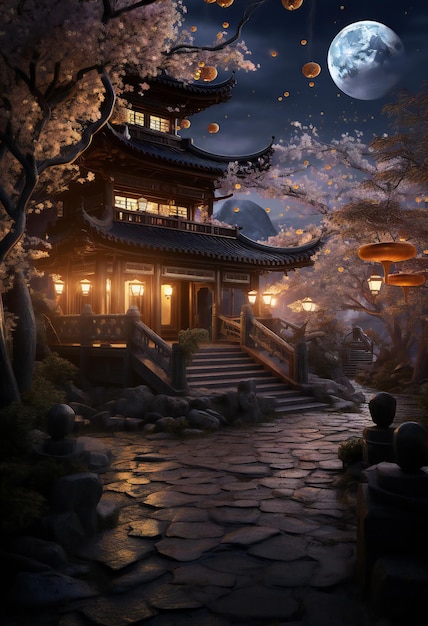 Foto templo chino con luna llena y flor de cerezo