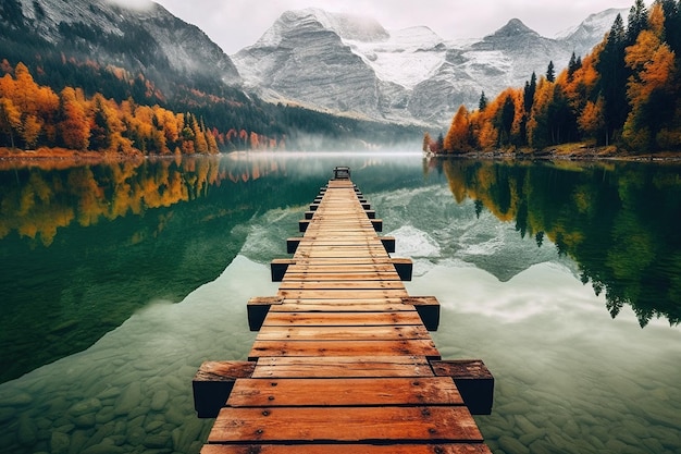 Foto tranquilo lago de montaña con un muelle de madera rodeado por la belleza de la naturaleza ambiente sereno y pacífico para la máxima relajación ia generativa